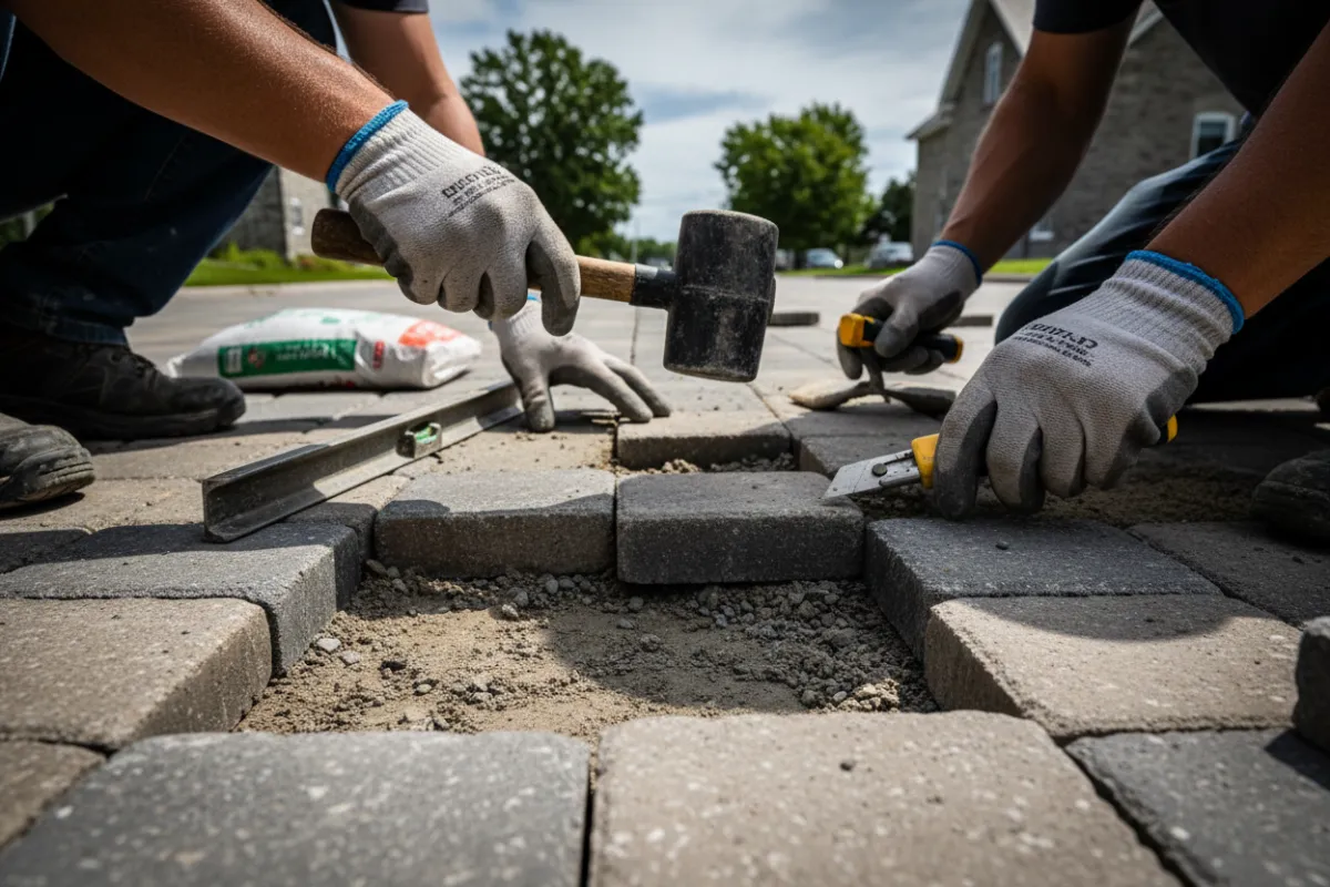 Réparation de pavé uni à Coaticook — gros plan sur les mains et les outils d'ouvriers réparant des pavés interverrouillés dans un quartier résidentiel, contexte clair de réparation de pavé