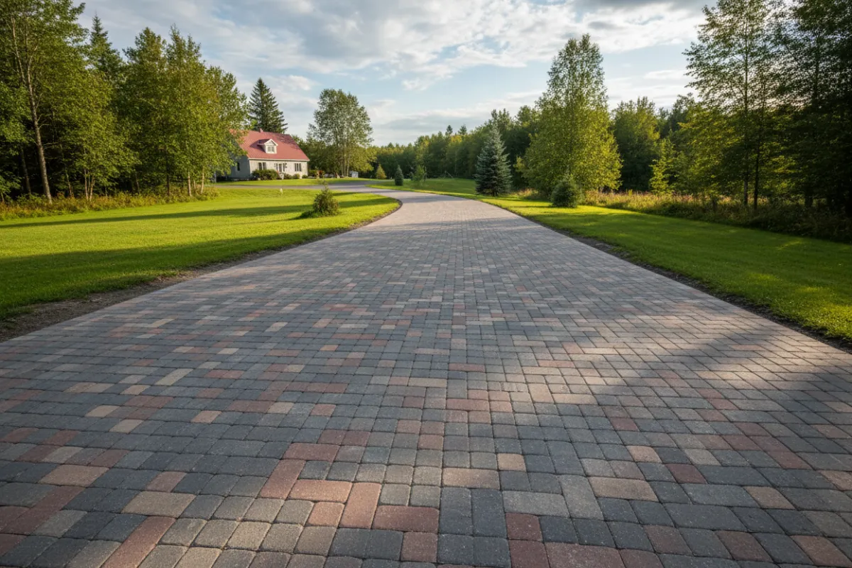 Réparation de pavé uni à Fleurimont — aperçu du site avec l'équipe de réparation et des pavés, en plein jour