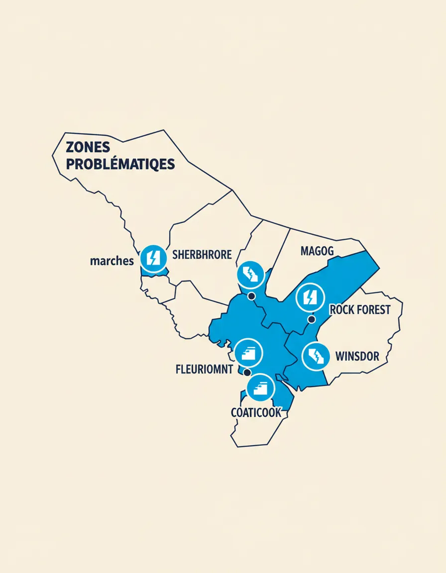 Carte stylisée de Sherbrooke et de l'Estrie montrant les zones desservies pour le pavé uni