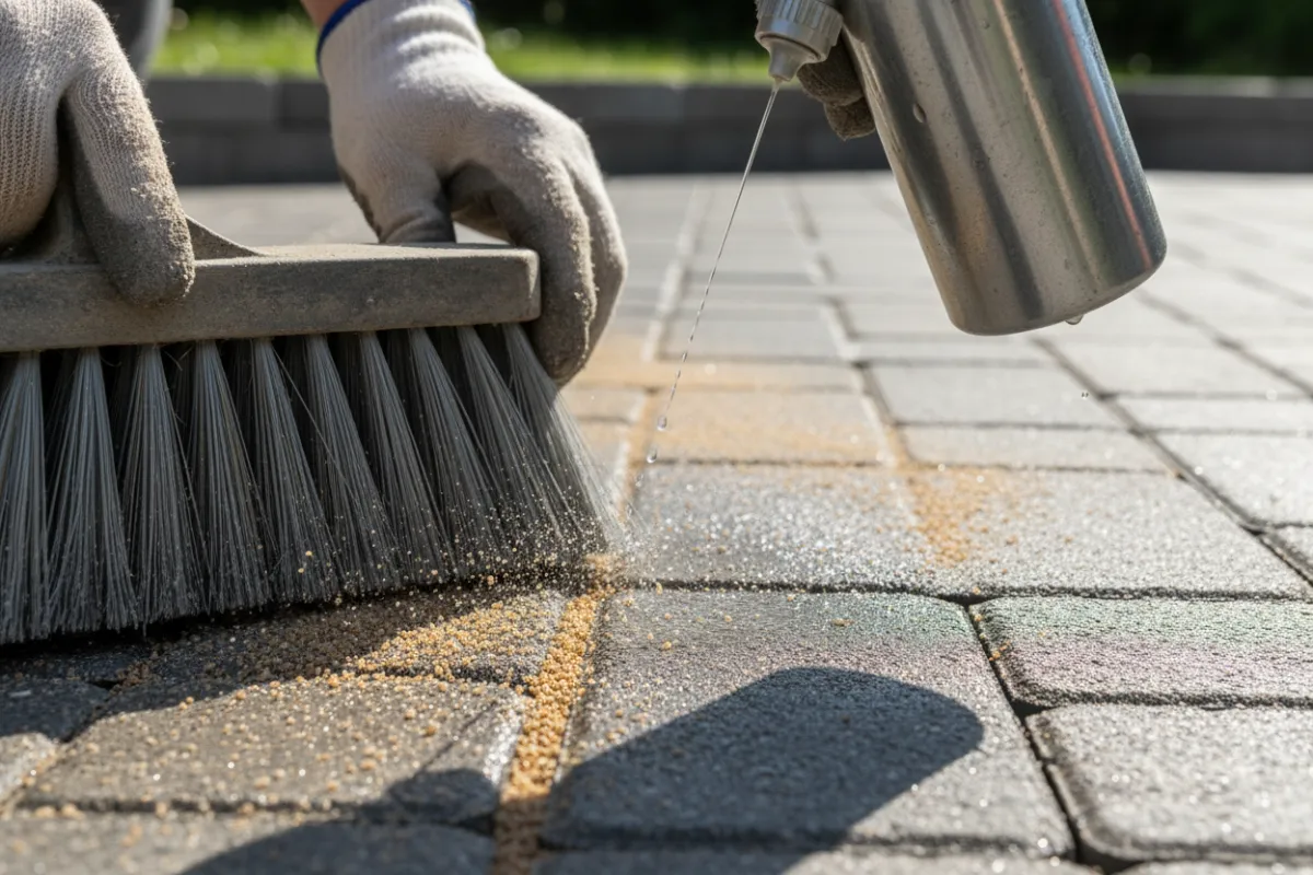 Gros plan sur du sable polymère balayé dans les joints de pavé uni avant application du scellant
