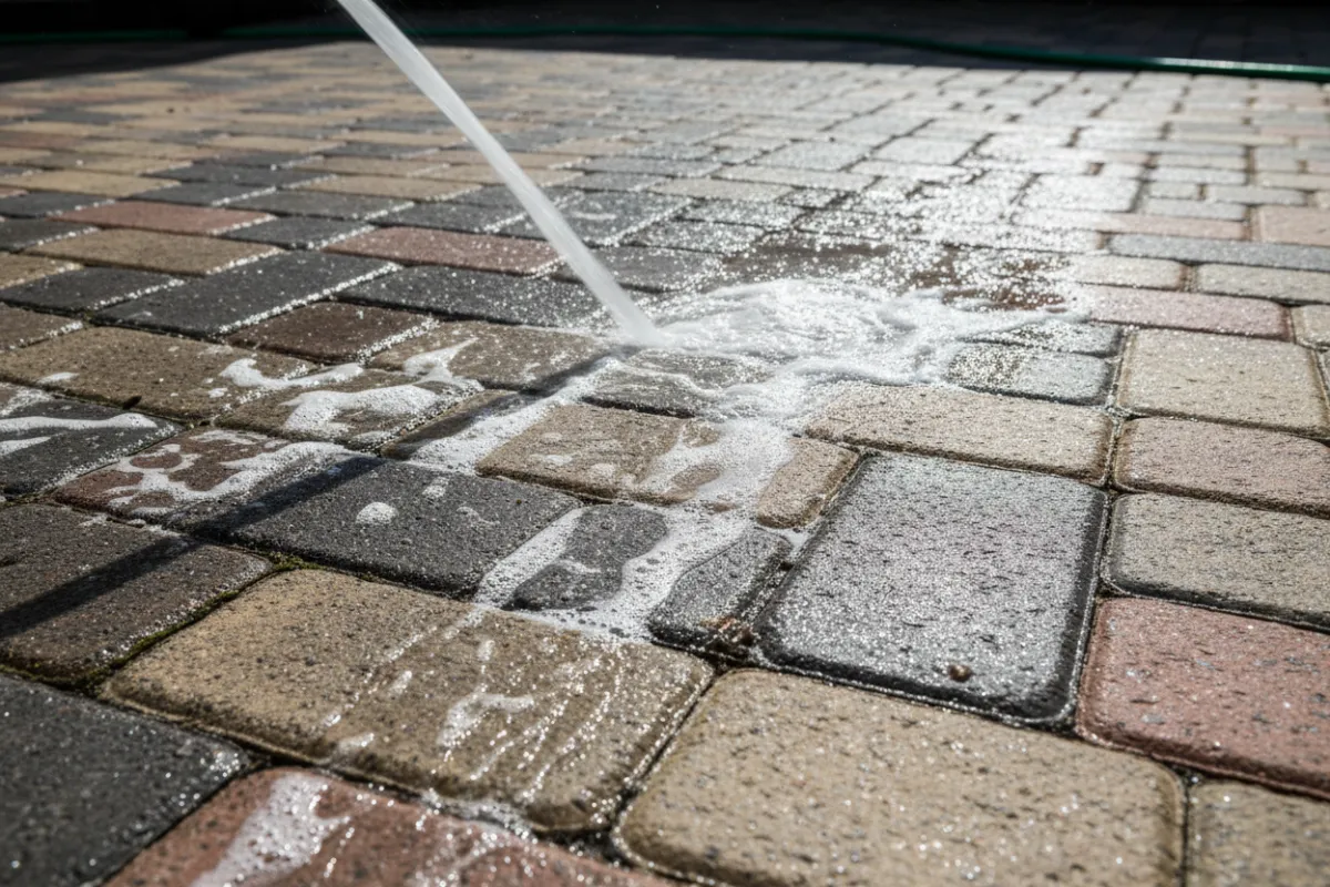 Lavage et décontamination de pavé uni