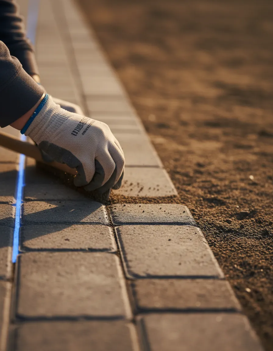 Technicien appliquant du sable polymère sur un pavé uni réparé