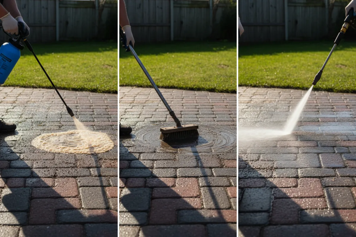 Technicien appliquant du sable polymère sur un pavé uni réparé