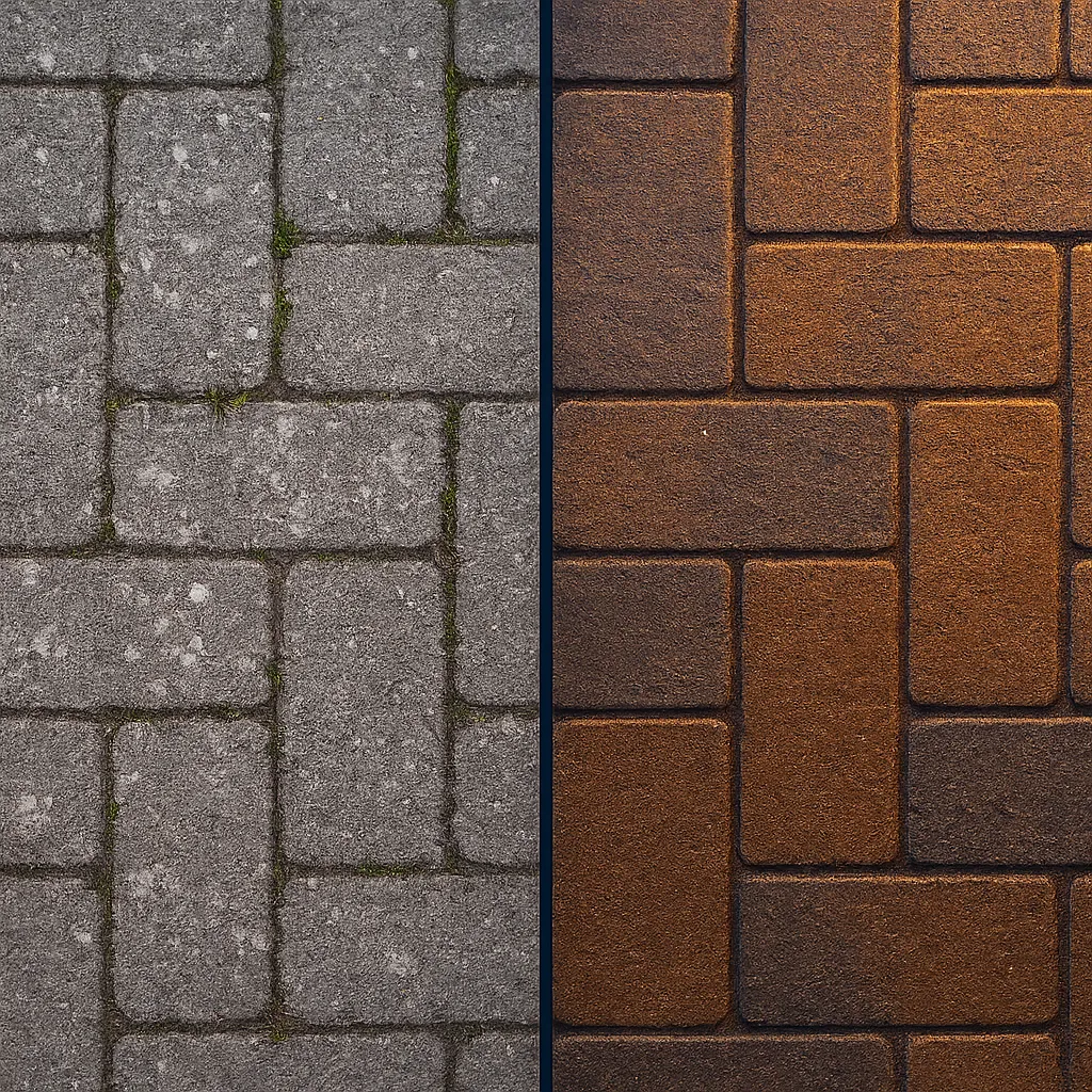 Comparatif avant et après restauration de pavé uni avec scellant Techniseal