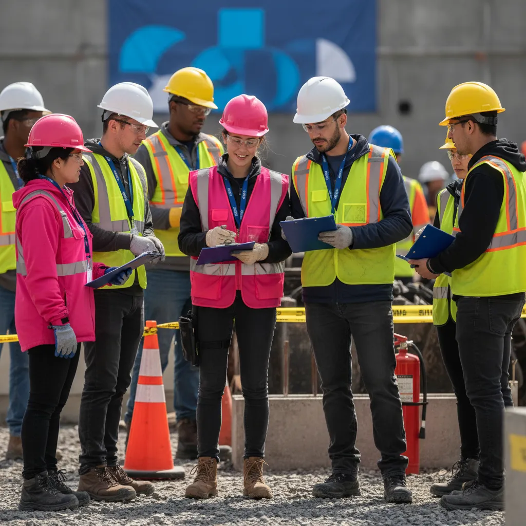 Diverse construction workers and students wearing inclusive PPE, including pink safety gear