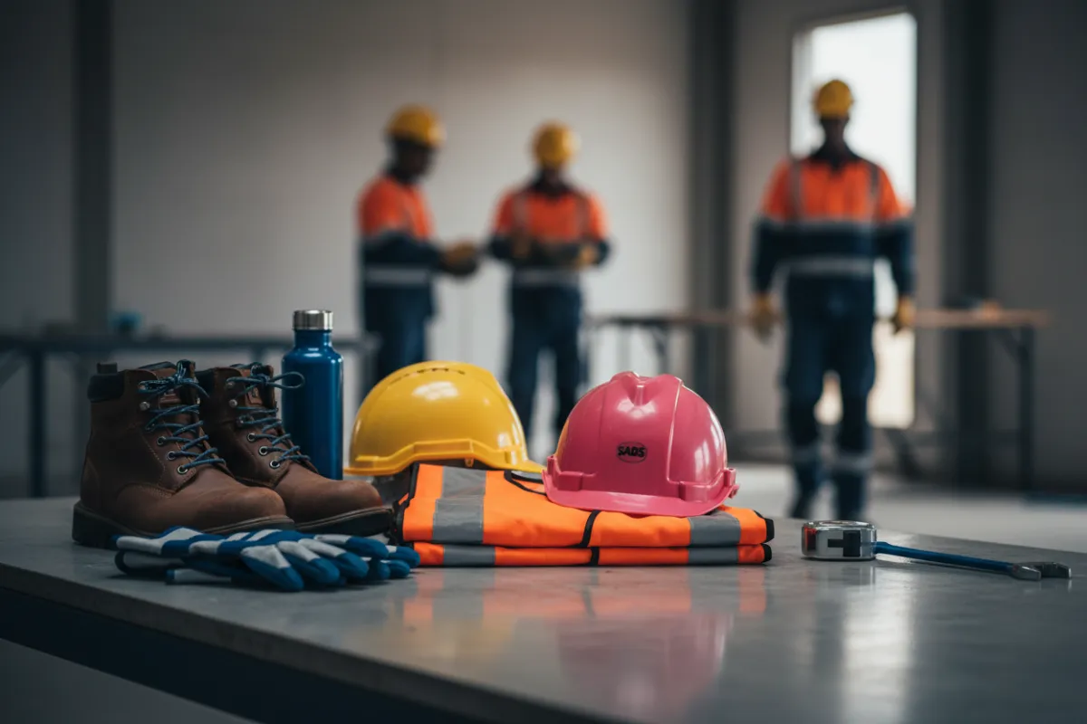 Safety equipment and SABS approved PPE laid out on a job site