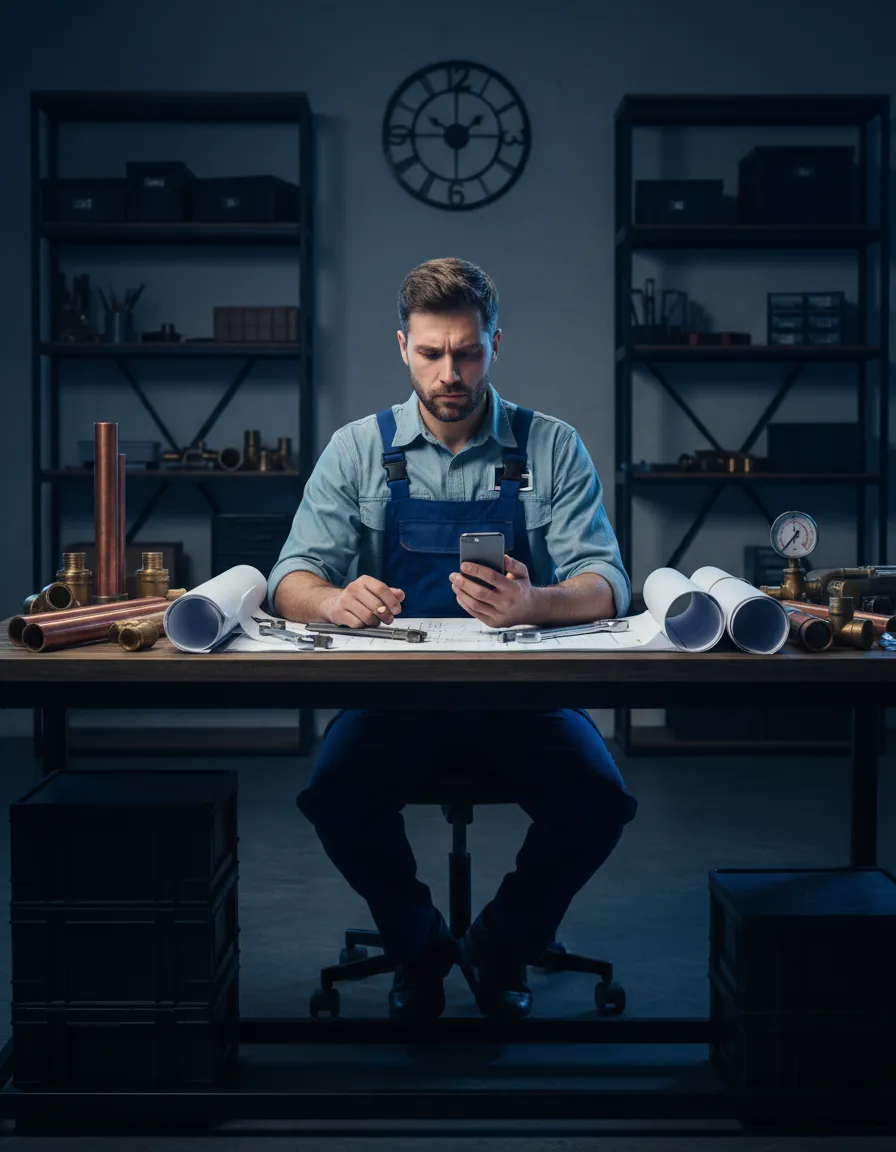 Frustrated contractor looking at paperwork and mobile phone