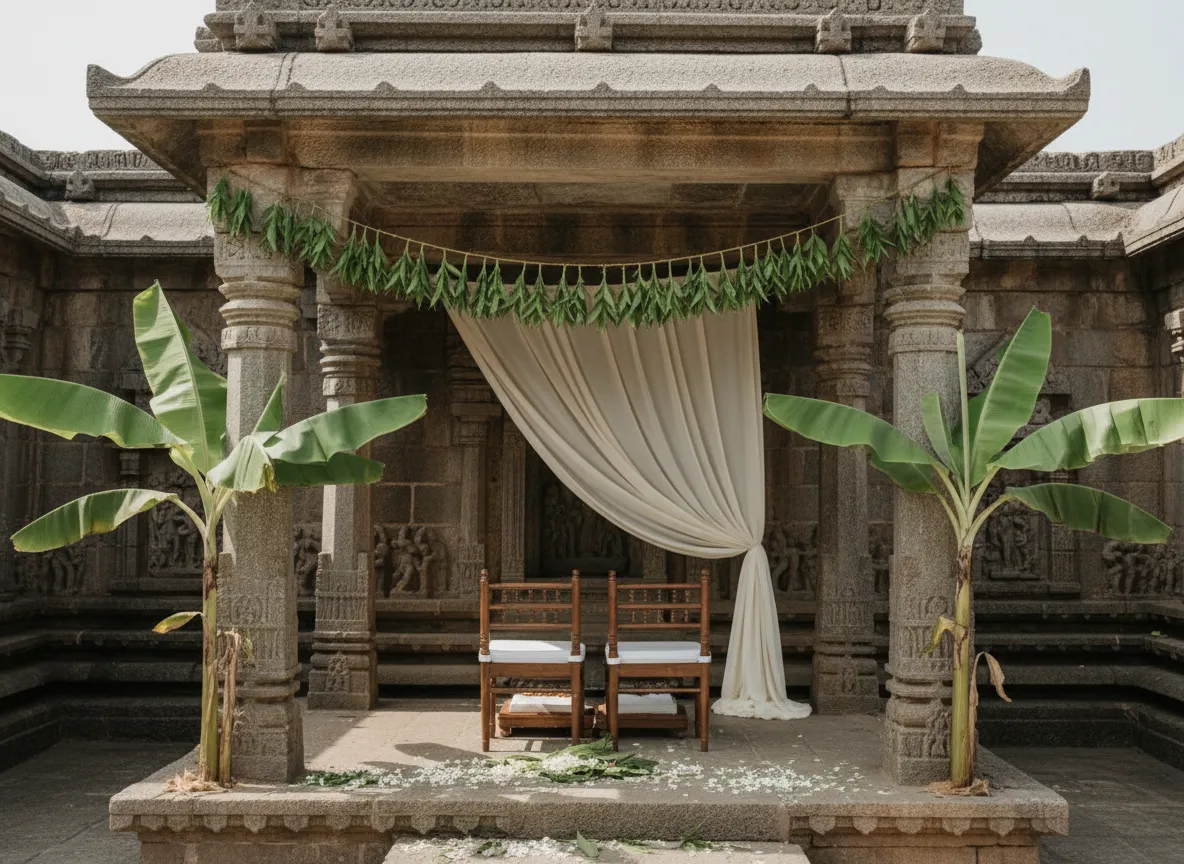 Coconut leaf, banana leaf and simple fabrics around mantapa