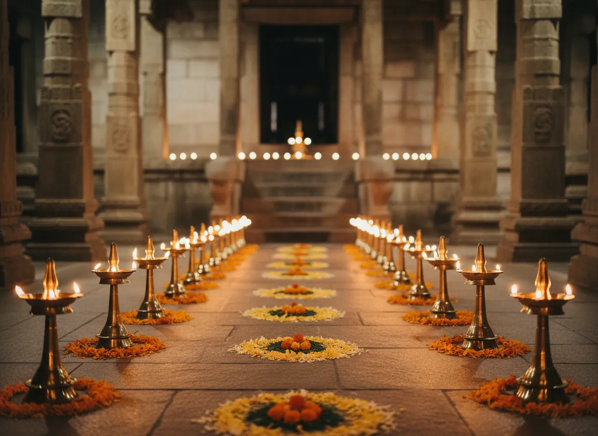 Brass lamps and rangoli at temple mantapa