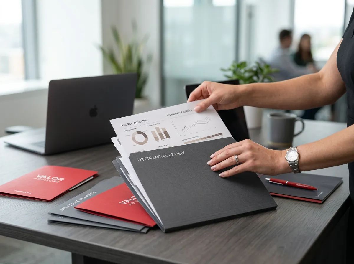 Corporate financial advisor organizing structured analytics reports for executive leadership
