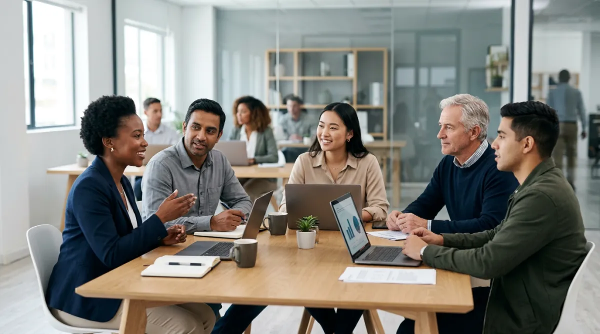 Diverse group of business owners in a modern office meeting