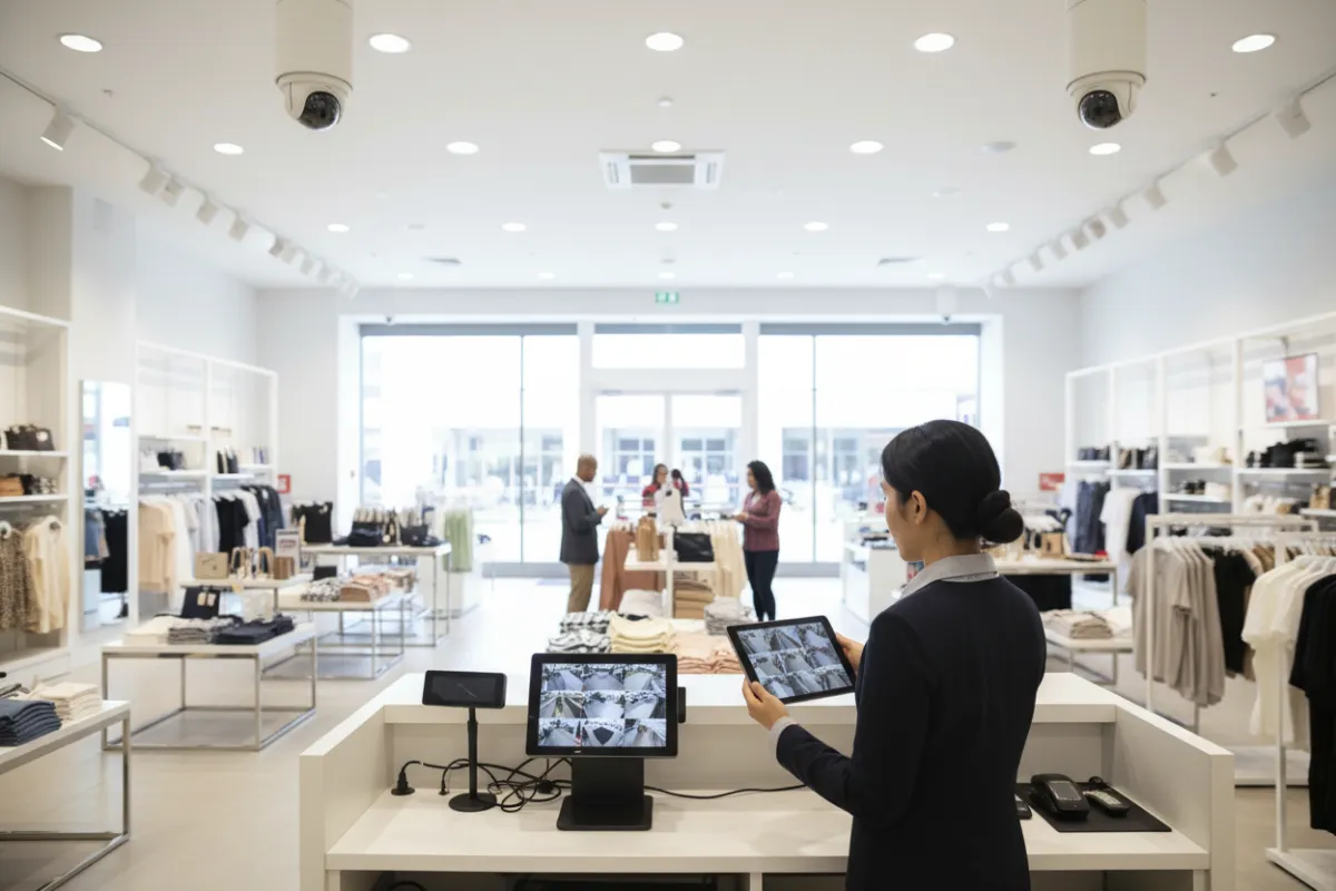 A retail store with visible security cameras, a POS system, and a staff member reviewing footage on a tablet. The setting is bright, customer-focused, and secure.