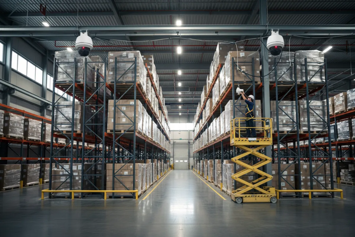 A large warehouse with industrial racking, security cameras, and a technician installing WiFi access points on a high ceiling. The environment is spacious, industrial, and technology-driven.