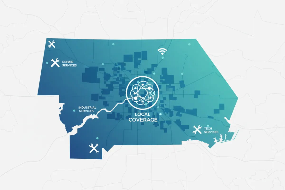 A stylized map of the Charlotte metro area highlighting business districts, with blue and teal overlays, and icons marking key service locations. The map is clean, modern, and visually emphasizes local coverage.