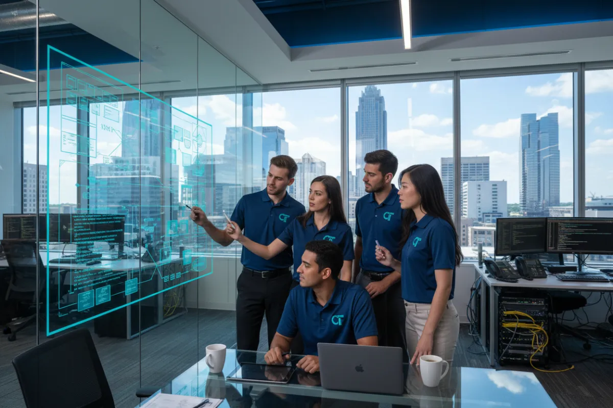 A diverse team of IT professionals in branded polos, reviewing network diagrams in a modern Charlotte office with city views, blue and teal accents, and technical equipment visible. The group is engaged, collaborative, and focused on business technology solutions.