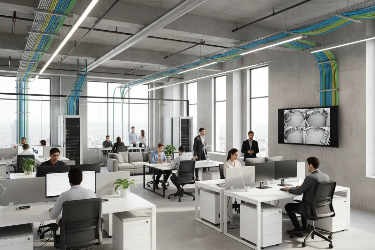 A bustling open-plan office with diverse professionals, visible structured cabling, and a wall-mounted security monitor. The space is bright, modern, and organized for productivity.