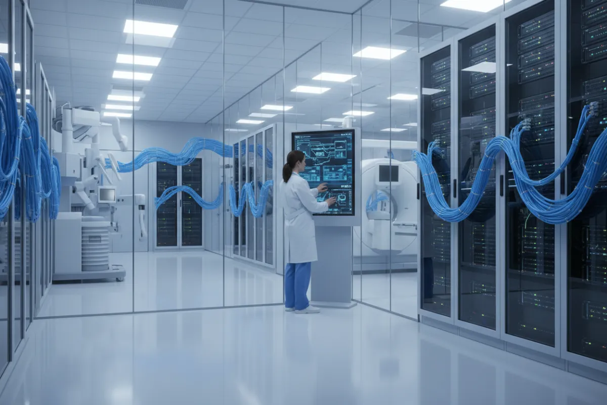 A modern healthcare facility server room with blue cabling, medical equipment, and a technician in scrubs checking a secure network panel. The environment is clean, clinical, and technology-focused.