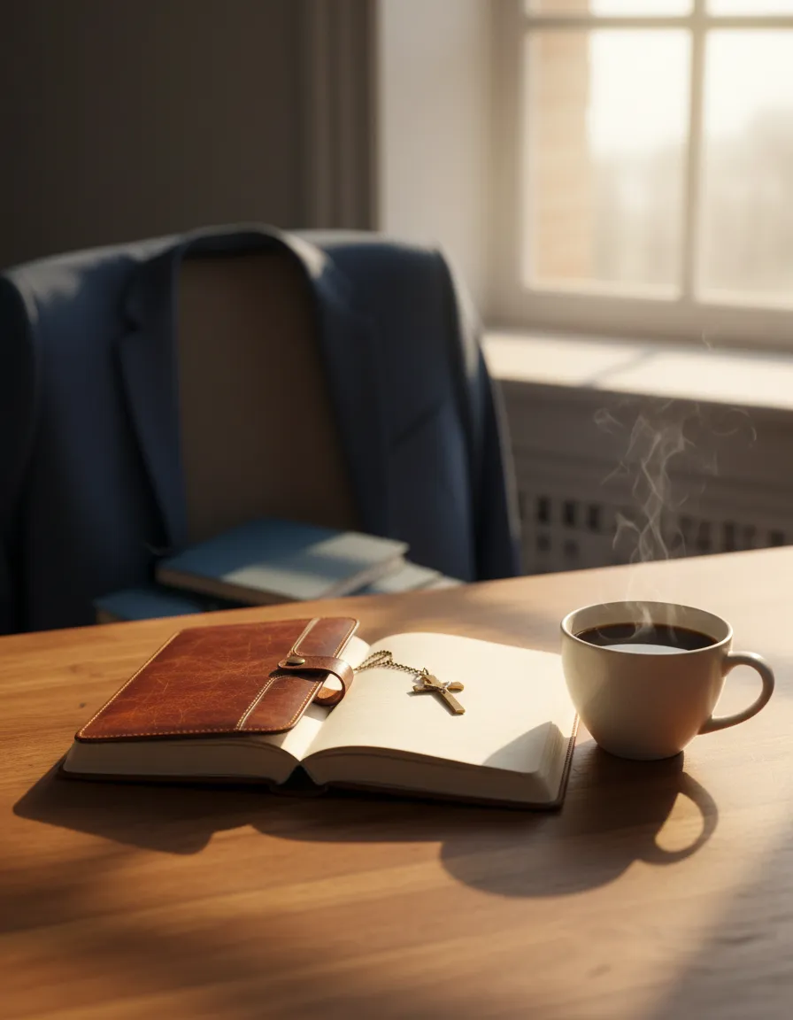 Serene Christian business leader reflecting in quiet moment