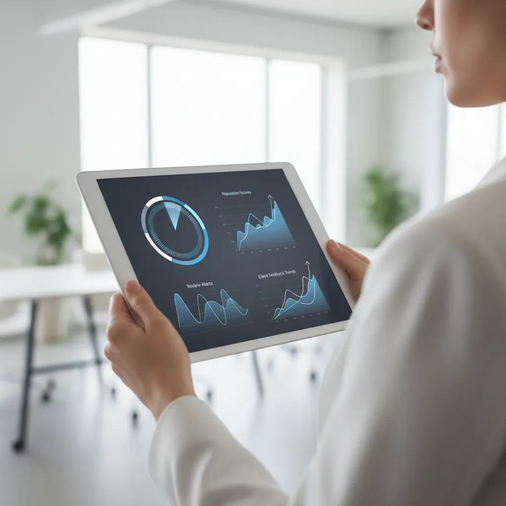A close-up of a digital dashboard displaying real-time reputation scores, review alerts, and client feedback graphs. The interface is modern, with blue and white branding, and is viewed on a sleek tablet held by a businesswoman in a bright workspace.