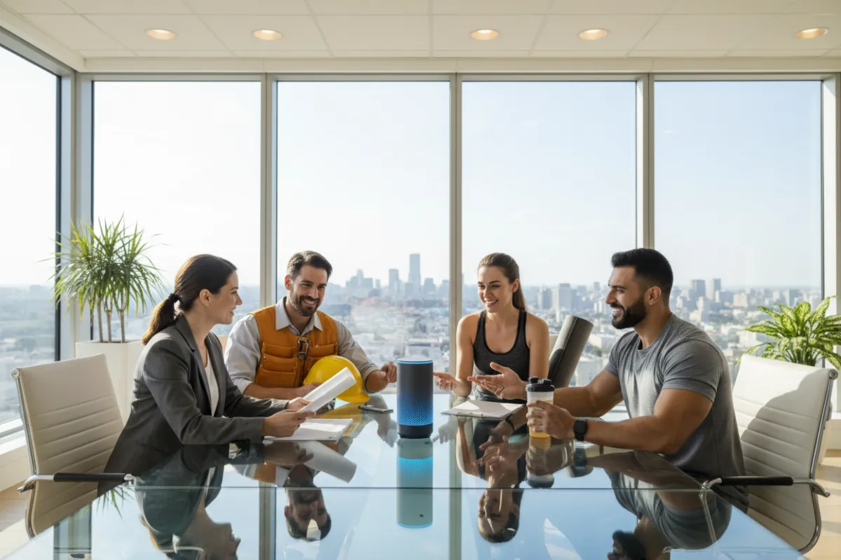 A modern, diverse business team in a bright office, interacting with a sleek AI voice assistant device on a glass table. The group includes a realtor, contractor, wellness coach, and gym owner, all engaged and smiling. The background features large windows and city views, with a contemporary, professional atmosphere.