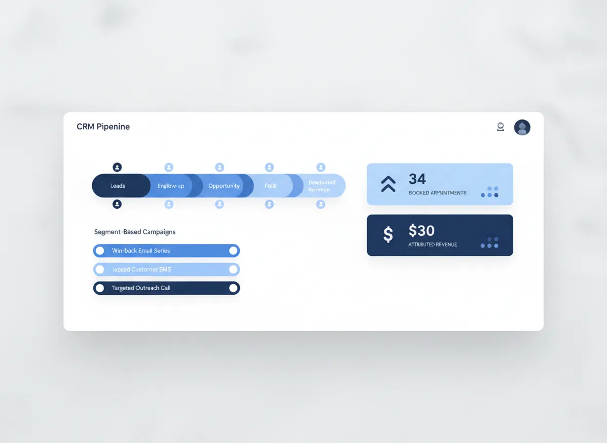 Dashboard mockup showing revenue tracking and CRM pipeline for reactivation campaigns