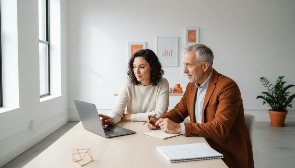 Small business owner working with a coach in a modern office