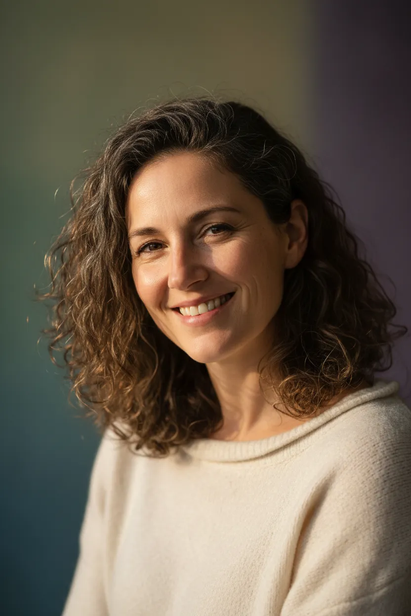 Portrait of a very natural-looking woman (3/4 length) in a studio-lit environment, warm tones, isolated subject framed for testimonial hero — cropped for portrait presentation.