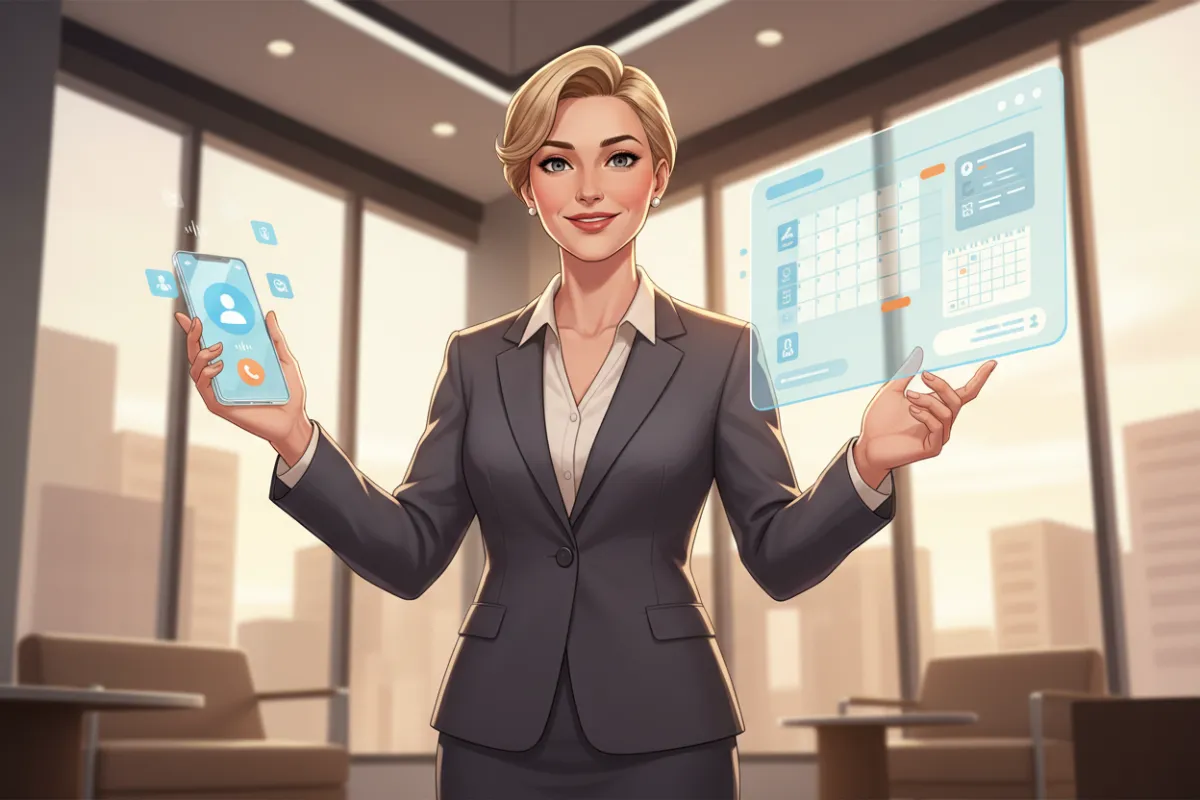 Product screenshot showing appointment confirmation modal and chat bubble