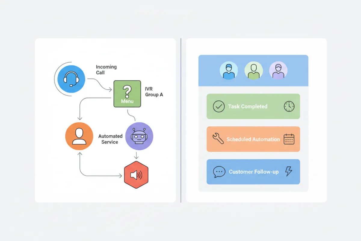 UI composition showing a task list created from a phone call and routing rules visualized as cards; clean neutral UI mock, studio lighting, tight crop.