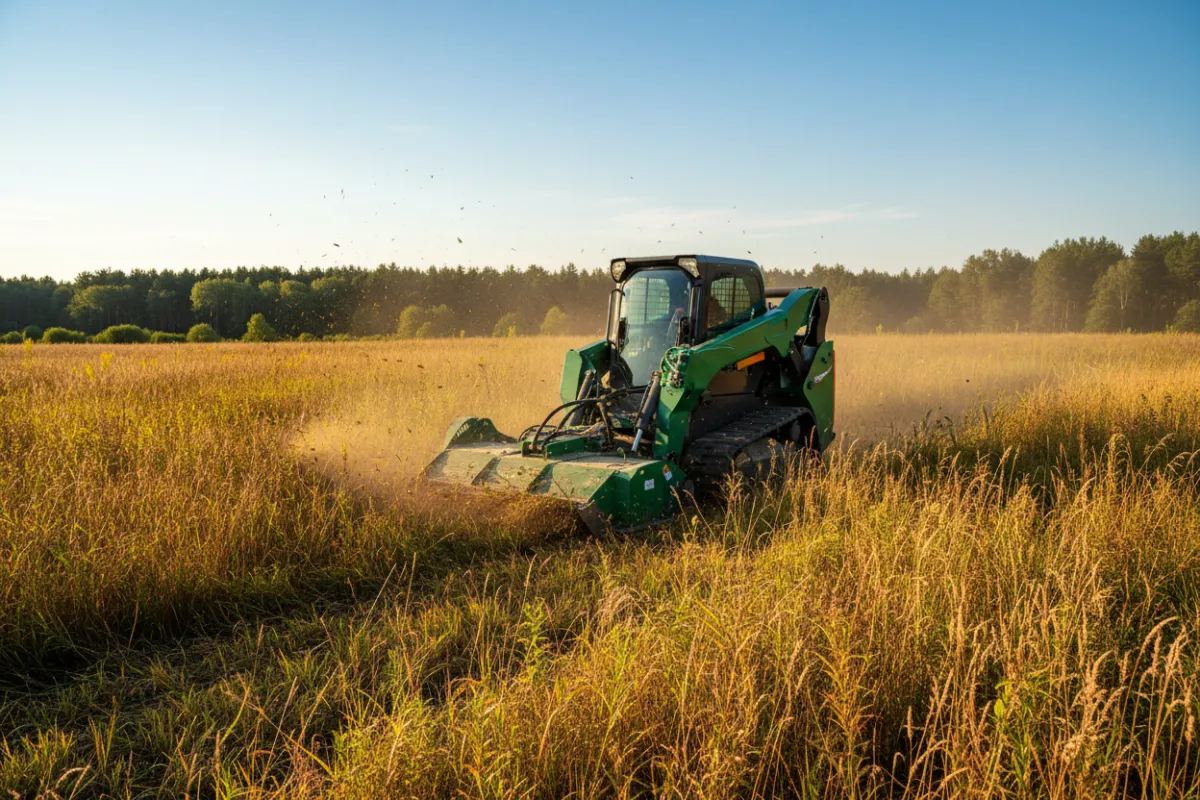 Brush mowing attachment actively cutting through tall weeds