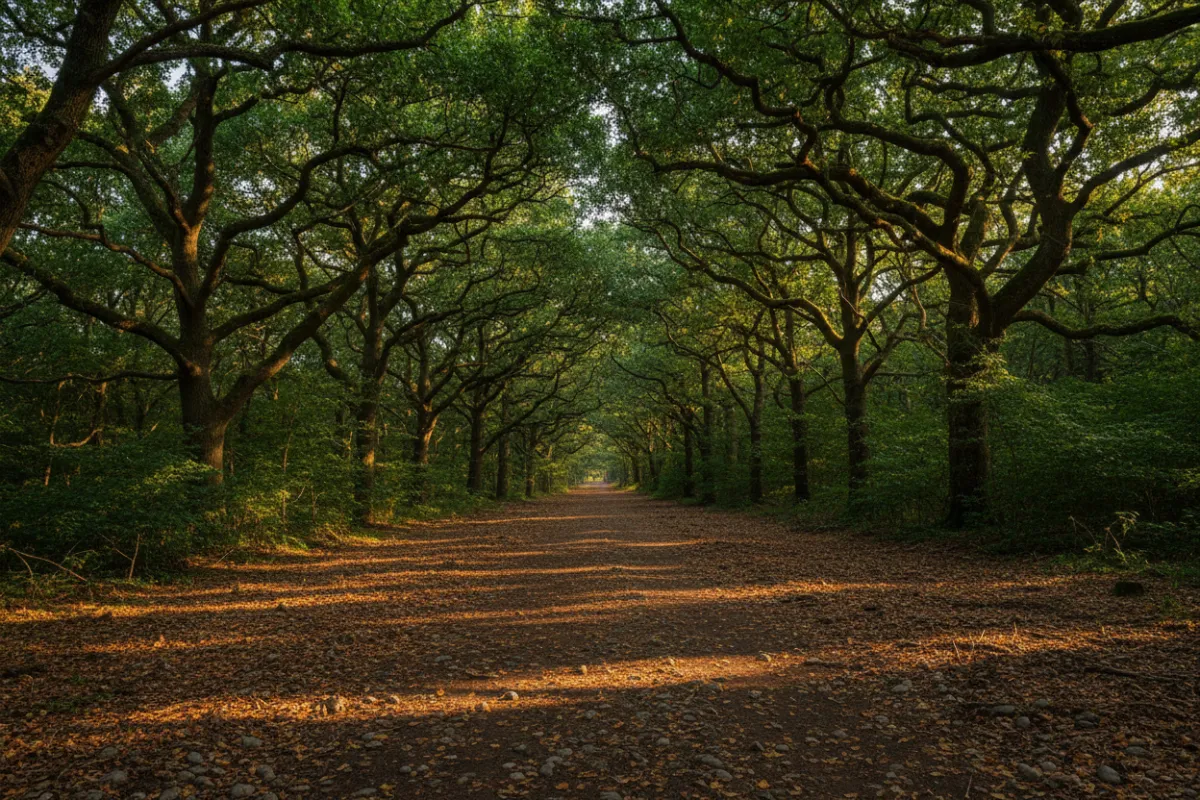 A freshly cut trail through a dense forest