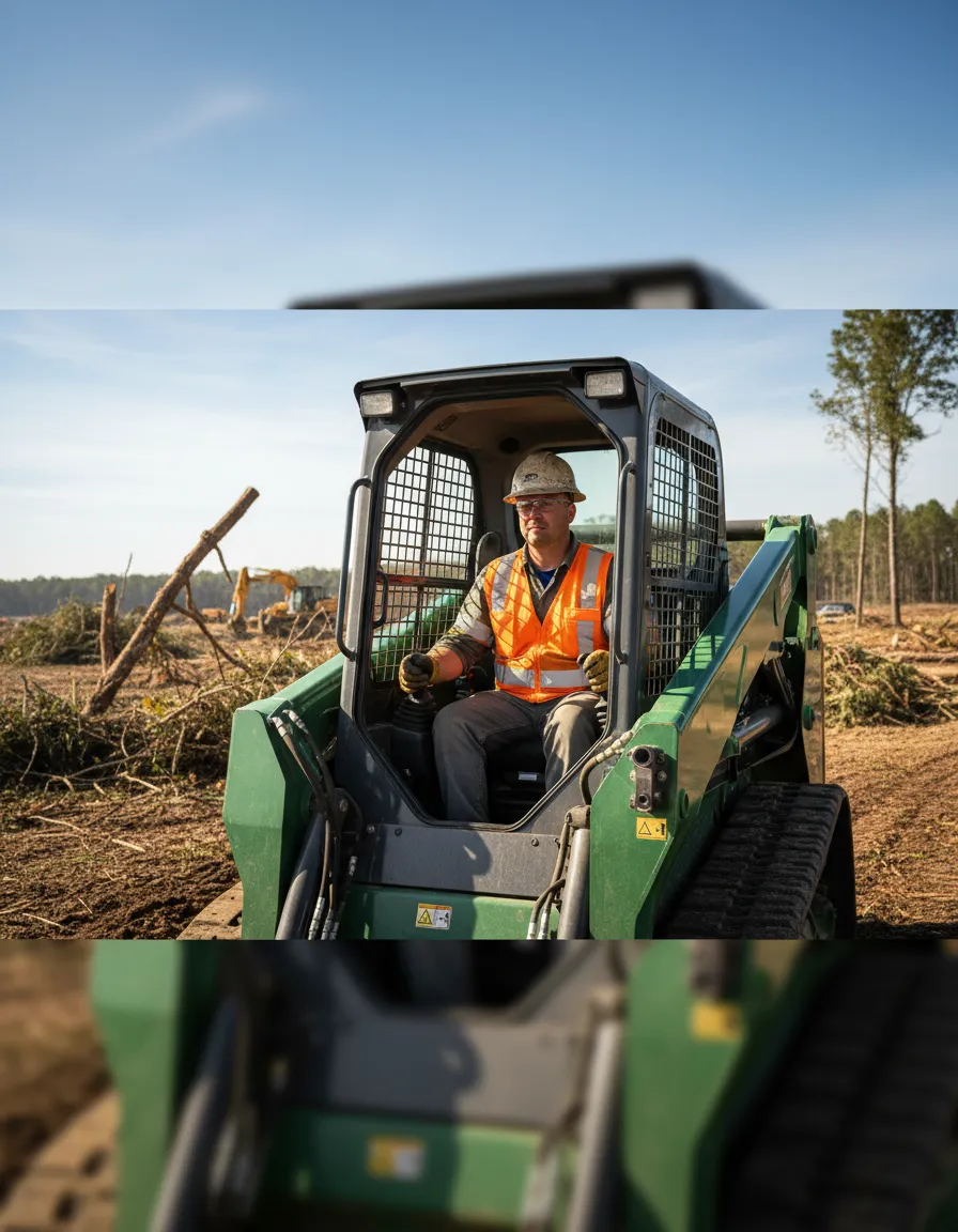 Professional equipment operator safely clearing land near property boundary