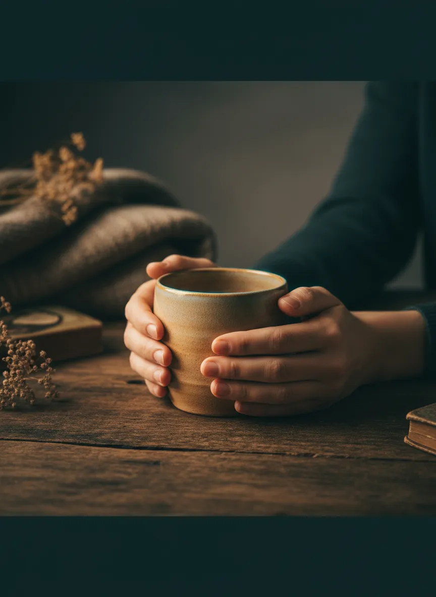 A gentle photograph of hands holding a warm mug, symbolising comfort and silent support.