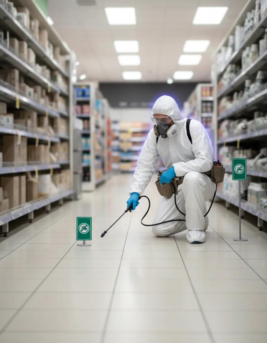 Técnico aplicando medidas de control de plagas en entorno retail