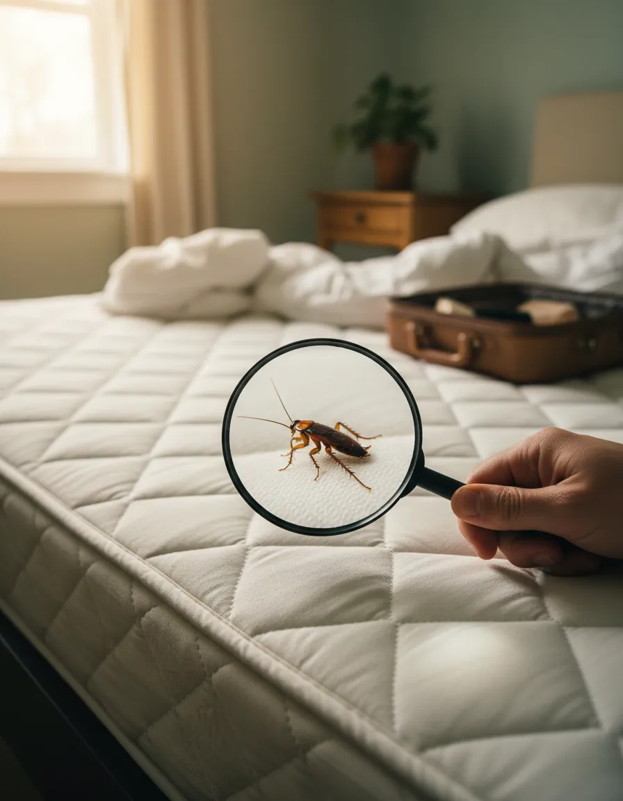 Fotografía realista de habitación de Airbnb con lupa mostrando una cucaracha oculta