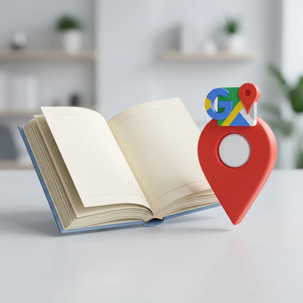 3D illustration of an open book and a Google Maps pin.