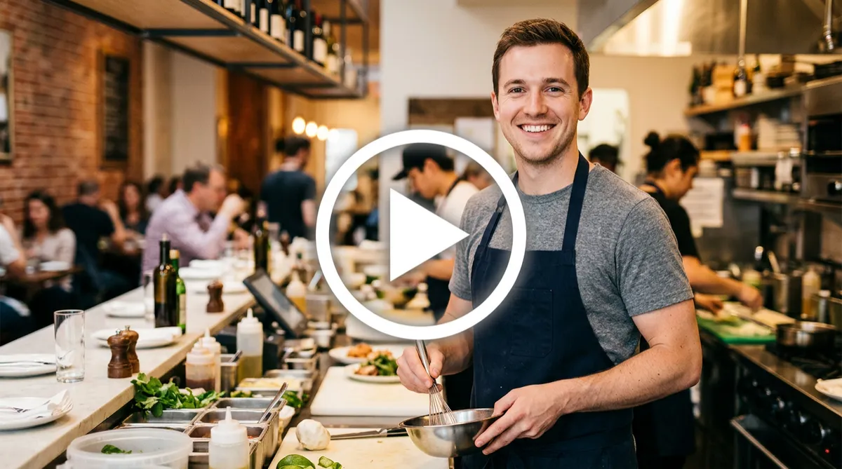 Video thumbnail showing a smiling man in a dark apron standing in a restaurant setting with a white play button overlay