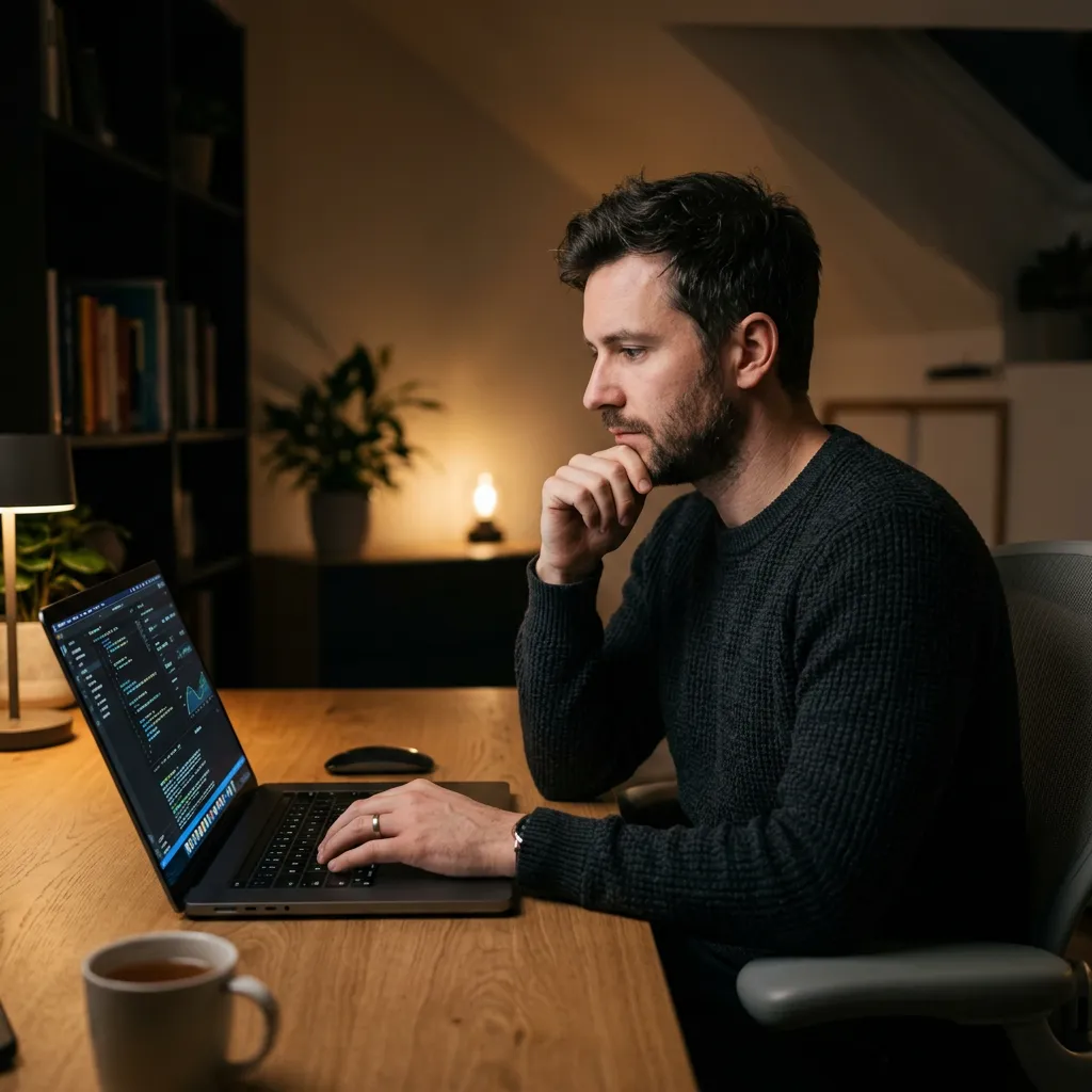 A man looking thoughtfully at his laptop screen in a dimly lit setting, resting his chin on his hand.