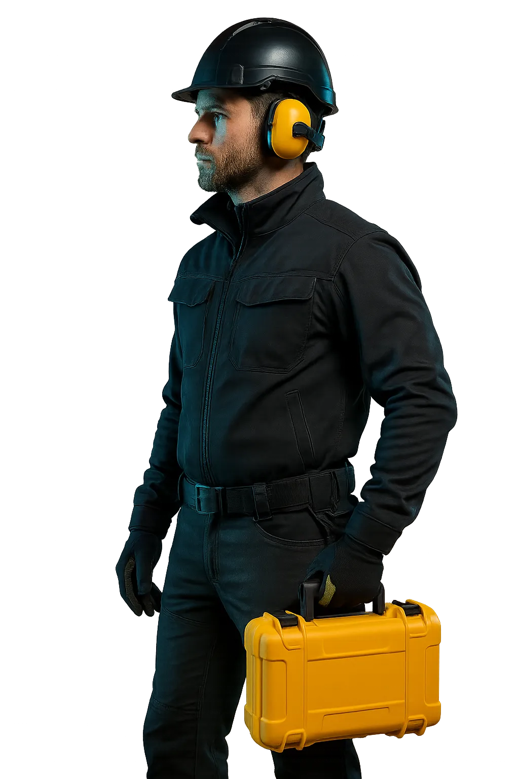 Focused industrial contractor closing a job call on site with high confidence
