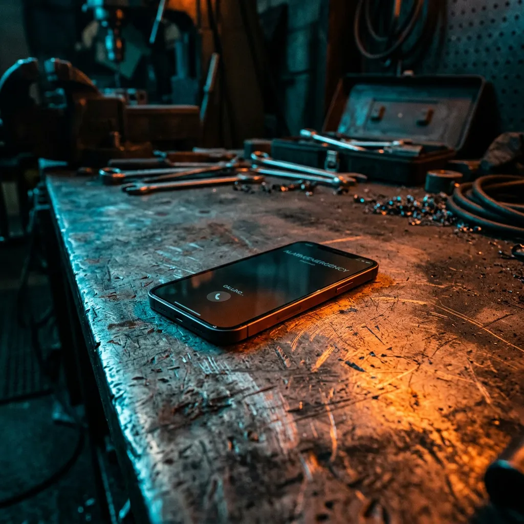 Dramatic industrial close-up of an unanswered smartphone glowing on a dark steel desk with orange warning light reflections