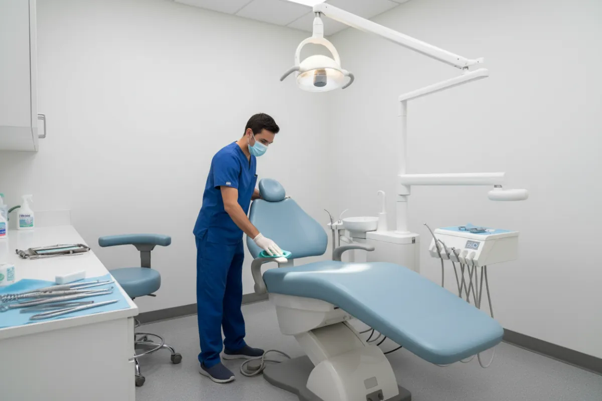 A cleaner in medical scrubs sanitizes an exam table in a Dallas dental clinic. The room features white walls, medical equipment, and a patient chair. Surfaces are spotless, and the environment is sterile and orderly, emphasizing the importance of hygiene and compliance in healthcare settings.