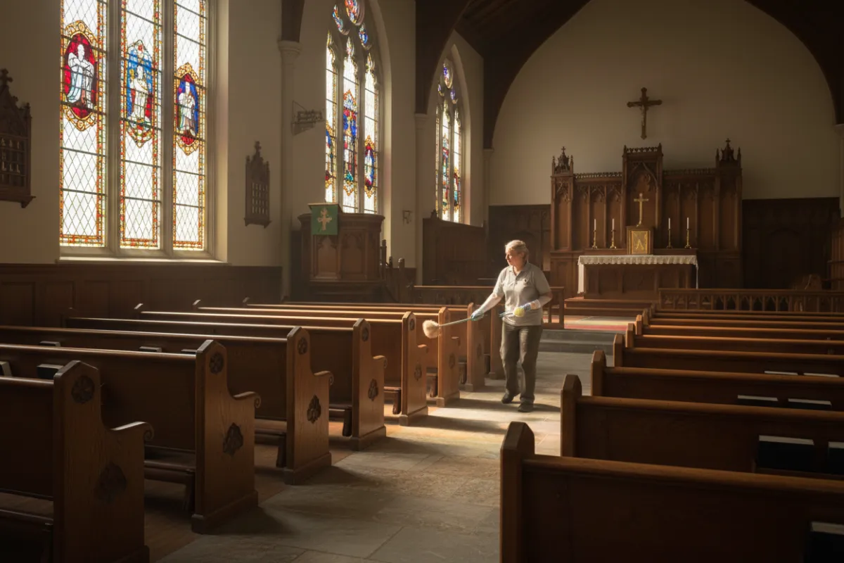 A cleaner dusts wooden pews in a Dallas church sanctuary, with stained glass windows casting colorful light. The altar and pulpit are visible in the background. The atmosphere is peaceful and respectful, highlighting careful cleaning in a sacred space.
