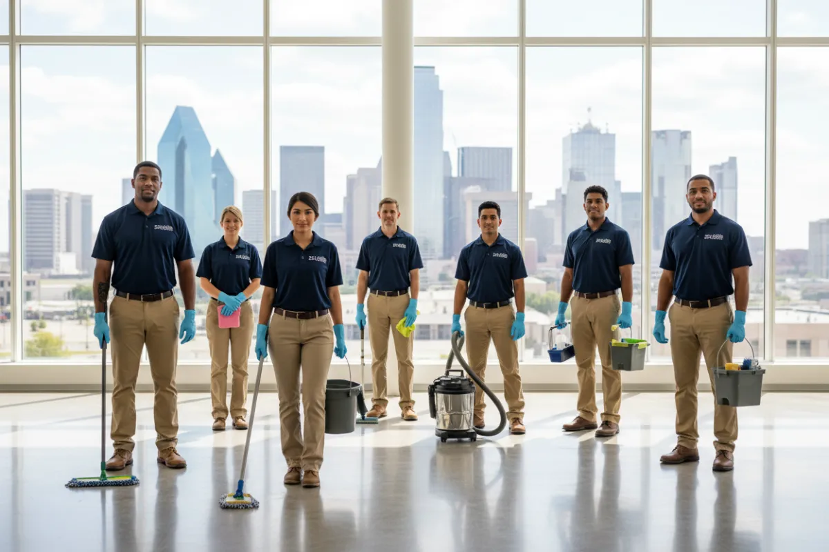 A diverse team of professional cleaners in branded uniforms stands in a modern Dallas office lobby, holding cleaning equipment. The background shows large windows with city views and polished floors, conveying a sense of professionalism and readiness. The image is bright, natural, and welcoming.