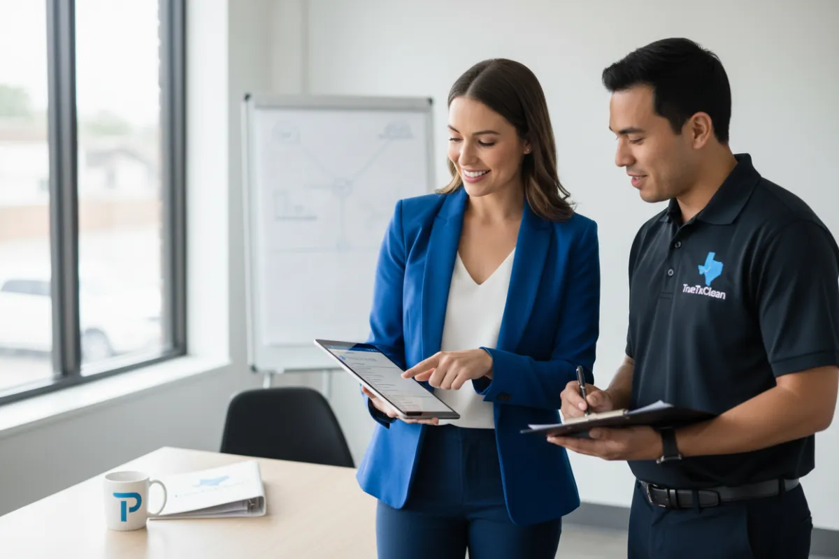 A confident Plano business manager reviewing a cleaning checklist with a TrueTxClean supervisor in a bright, organized office. The scene conveys readiness and partnership, with visible branded materials and a clear sense of local professionalism.