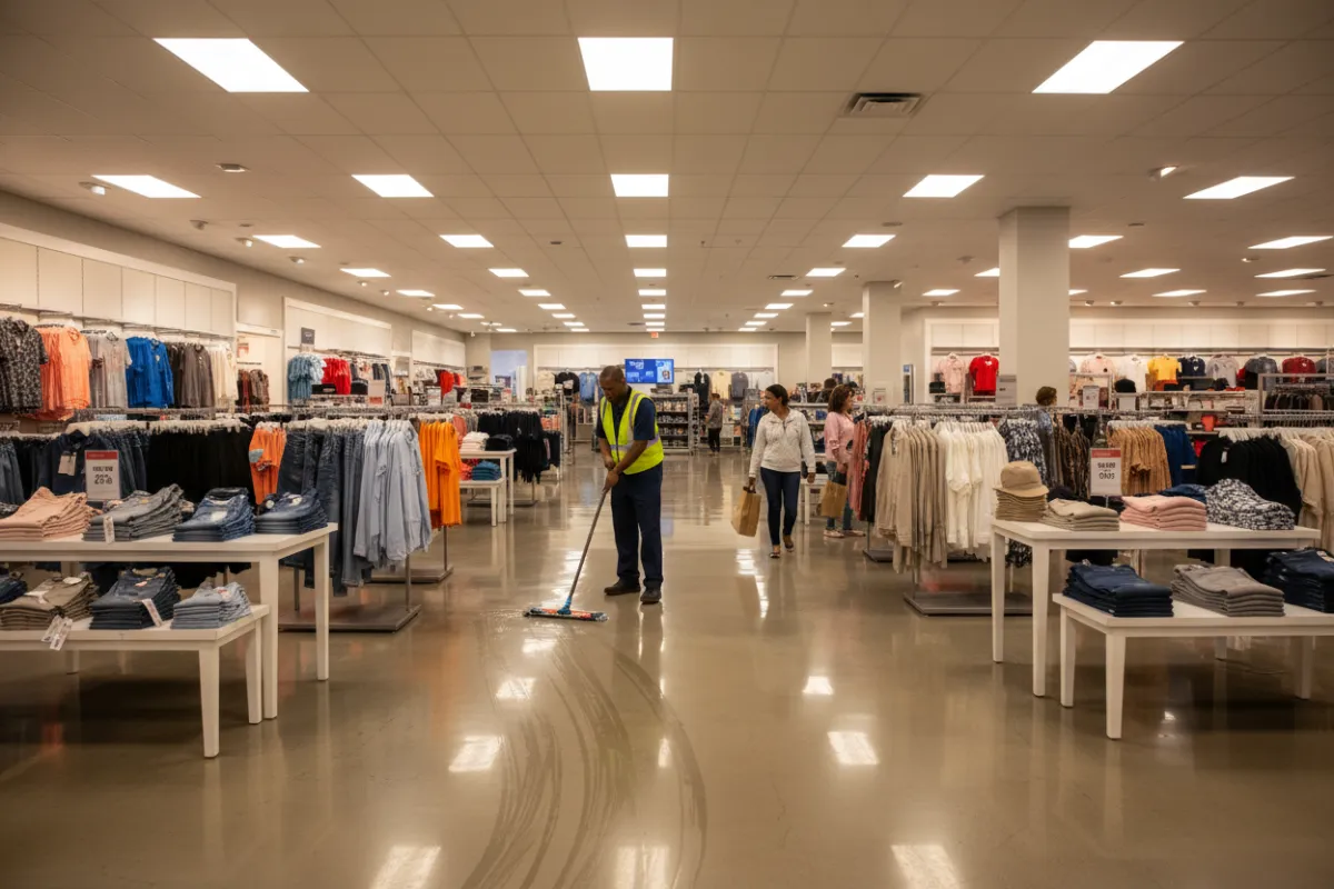 A retail store aisle in Dallas with a cleaner mopping the polished floor near clothing racks and display tables. Bright lighting highlights organized merchandise and clear walkways. The scene feels active and inviting, showing a commitment to cleanliness in a busy retail environment.