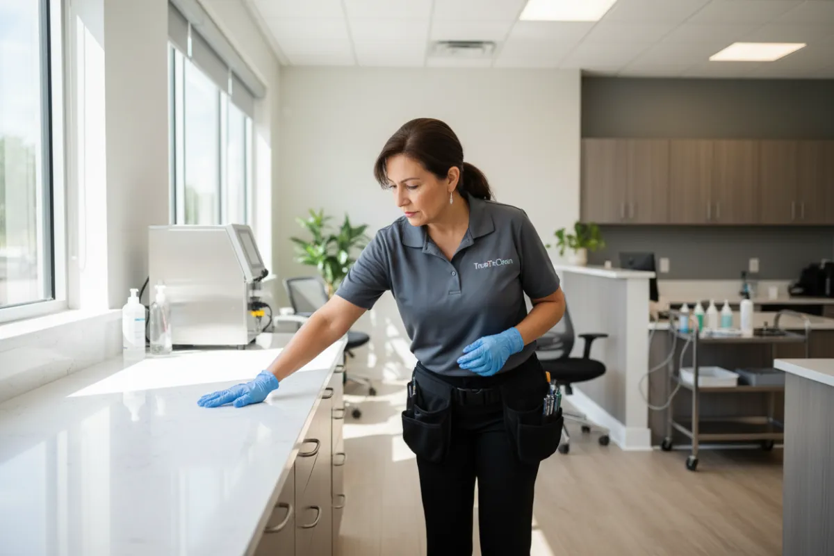 A TrueTxClean supervisor inspects a freshly cleaned medical clinic in Garland, TX. The supervisor, a middle-aged Hispanic woman, checks a countertop with a gloved hand. The clinic is bright, with modern decor and visible medical equipment.