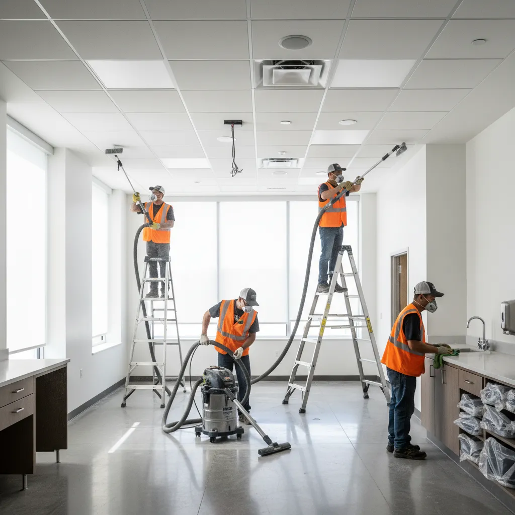 Post-construction cleaning crew removing dust from a new medical clinic in Arlington. Workers wear masks and safety vests, using industrial vacuums and ladders. The clinic is bright, with new fixtures and clean lines.
