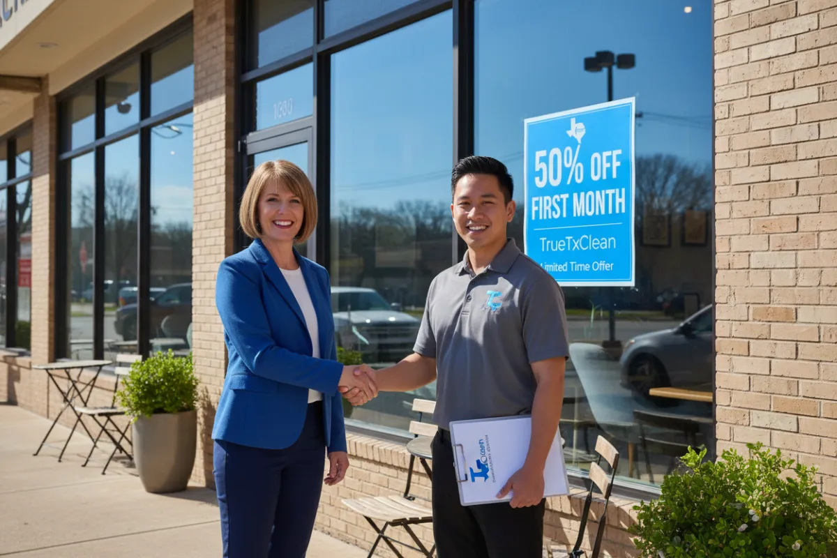 A smiling business owner in Frisco shaking hands with a TrueTxClean representative in front of a freshly cleaned storefront, with a visible '50% Off First Month' sign in the window. The scene is bright and welcoming, emphasizing the special offer.