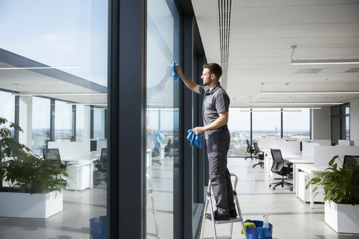A professional cleaner using a microfiber cloth to polish a large glass window in a modern office space. The area is well-lit, with clean lines and visible fixtures, emphasizing attention to detail during the light cleaning phase.