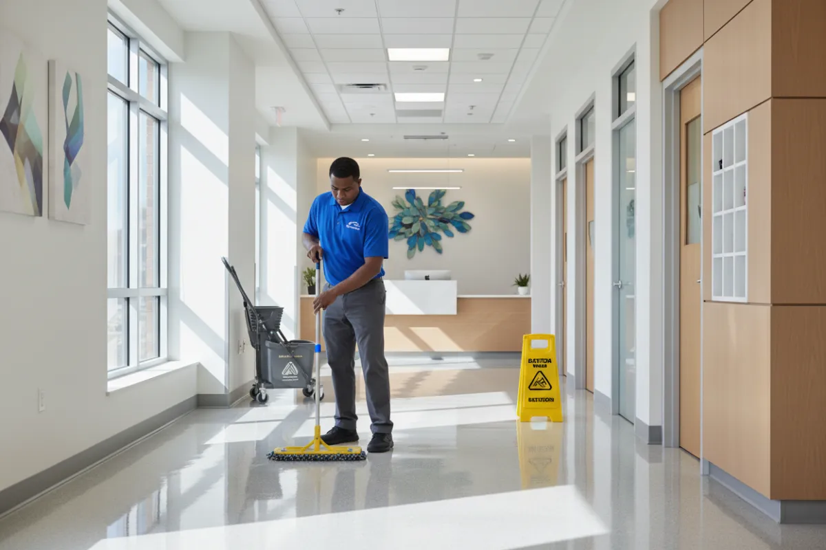 A janitorial staff member in a TrueTxClean uniform mopping a high-traffic hallway in a Frisco medical office. The setting is bright and modern, with clean lines and visible signage for Frisco businesses. The image highlights attention to detail and professionalism.